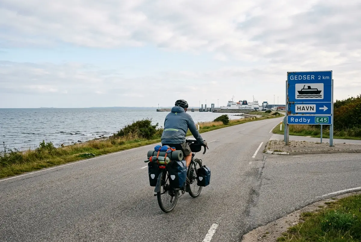 Cyclotouriste chargé de sacoches roulant sur une route de campagne danoise vers copenhague a velo avec un ferry visible au loin
