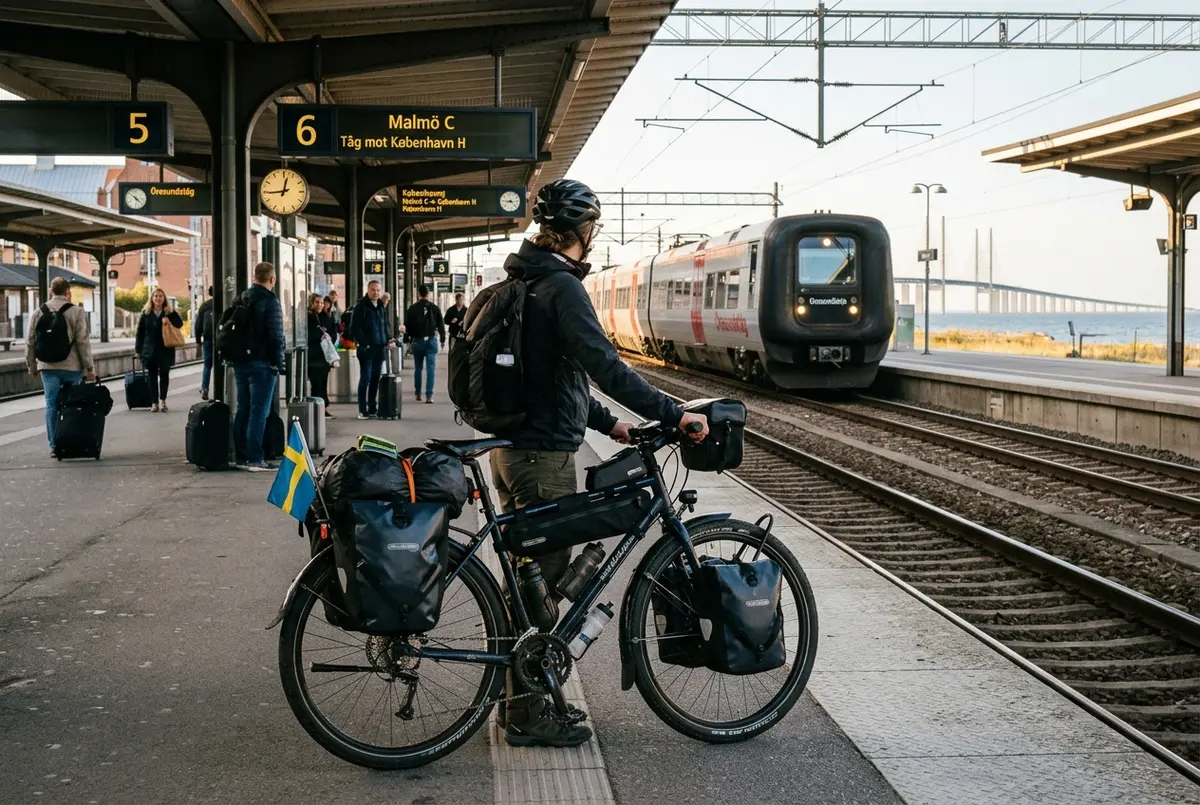 Cyklist som väntar med sin packade cykel på en tågperrong i malmö redo att cykla till köpenhamn från sverige över öresundsbron