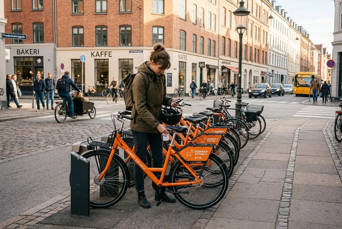 Radfahrer entsperrt ein oranges Citybike Kopenhagen Leihrad per Smartphone-App an einer Straßenecke