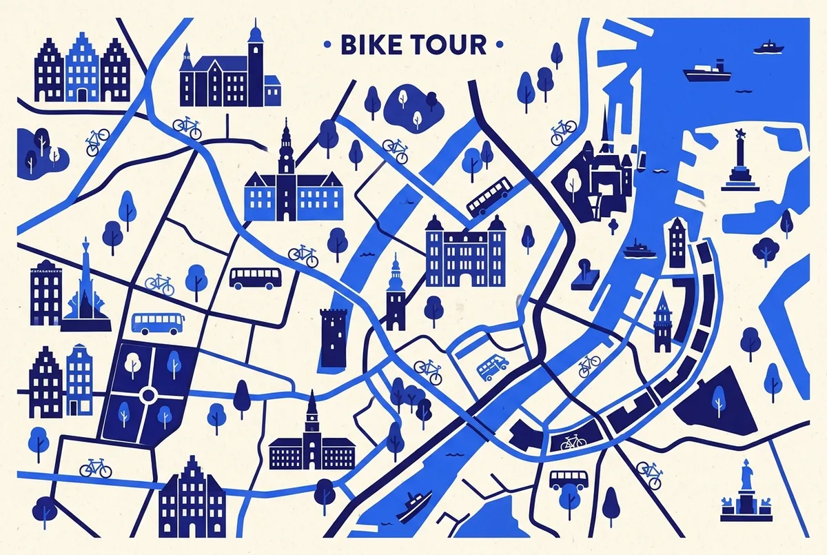 Enkel infografik-karta som visar donkey republic hyra cykel köpenhamn app-zonen som ett rörligt täckningsområde jämfört med bycyklens fasta dockningsstationer som punktikoner