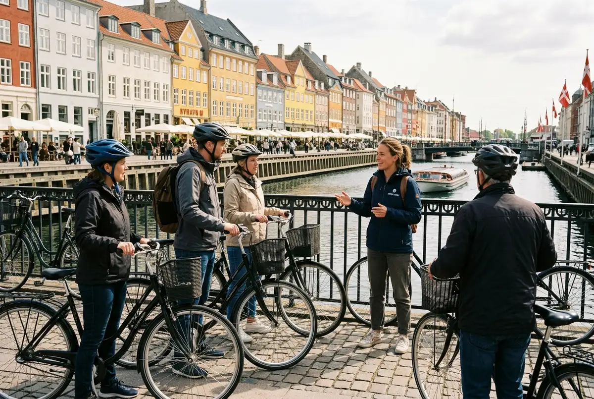 Fietsgids praat met een kleine groep toeristen bij een gracht in kopenhagen tijdens een fietstour kopenhagen nederlandse gids
