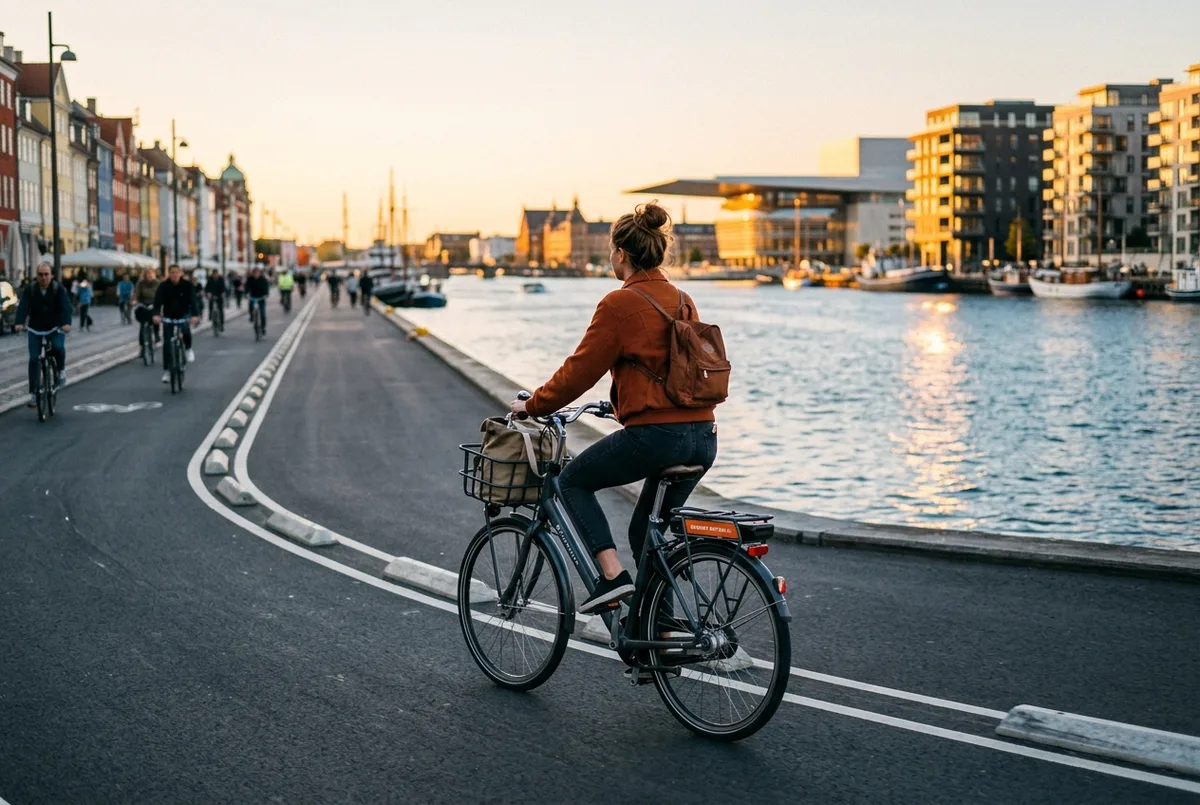 Reiziger op een gehuurde elektrische fiets kopenhagen stijl langs een vlak fietspad aan het water bij gouden uur