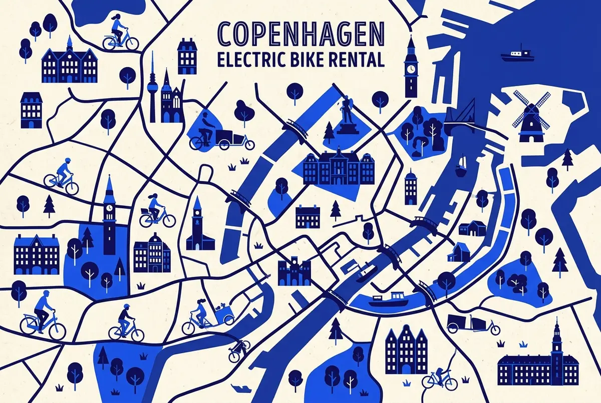 illustrated map of Copenhagen highlights for Alquiler de Bicicletas Eléctricas en Copenhague: Precios y Dónde Alquilarlas, alquiler bicicletas electricas copenhague