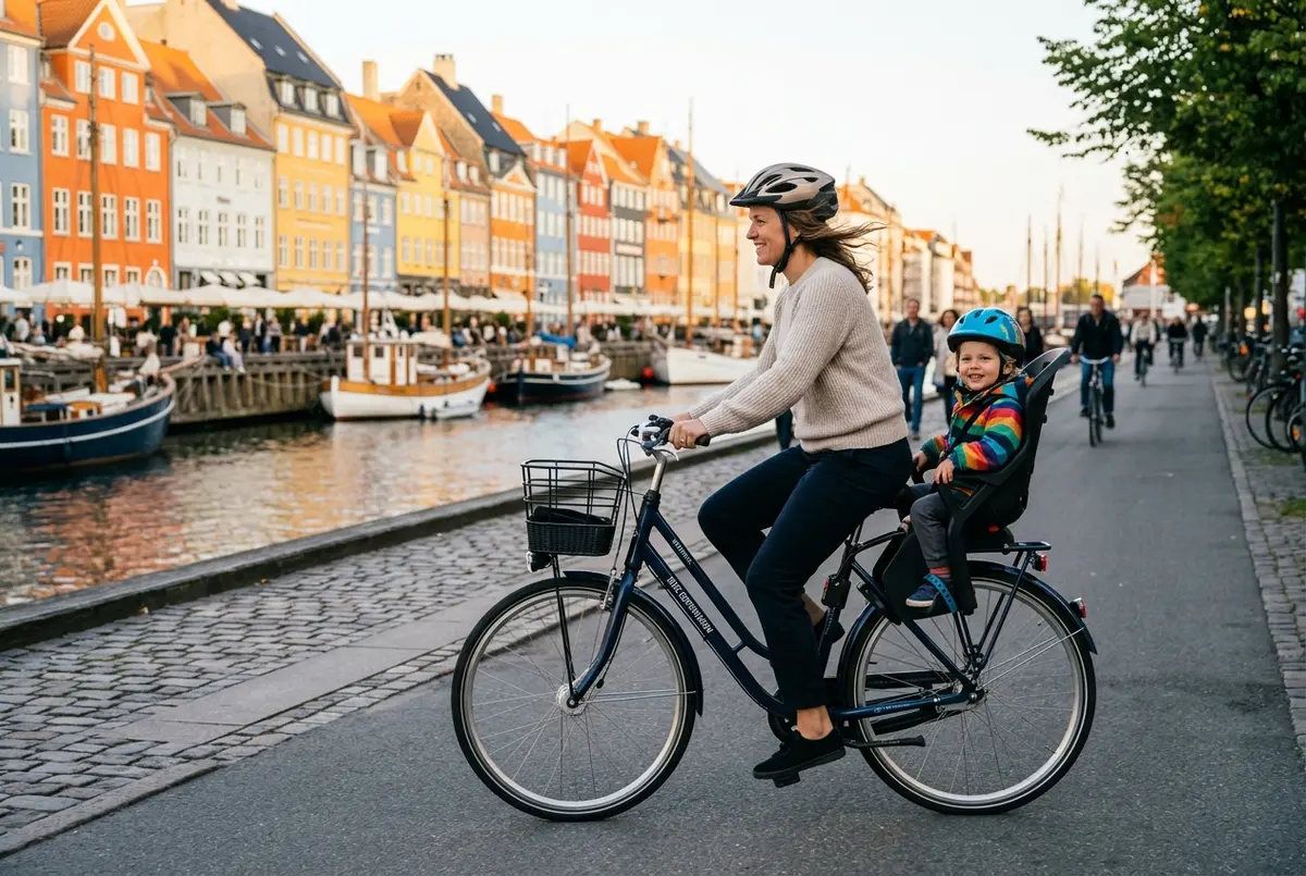 Förälder och barn som cyklar matchande familjecykel köpenhamn-cyklar med en barnstol bak längs en kanalväg