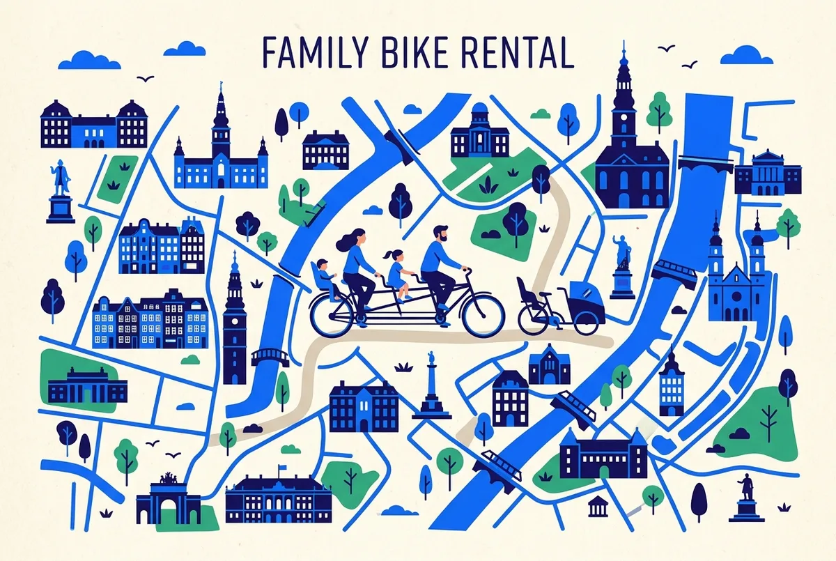 Enkel infografik som jämför en barnstol bak, en cykelsläpvagn och en mindre barncykel som tre ikoner med etiketter för rekommenderad ålder, illustrerar val av familjecykel köpenhamn
