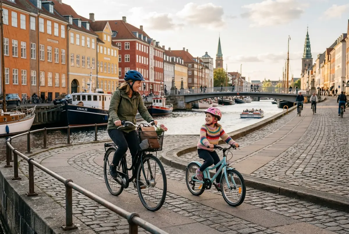 Ouder en kind fietsen samen naast een lokale gids langs een gracht tijdens een fietstour kopenhagen met kinderen