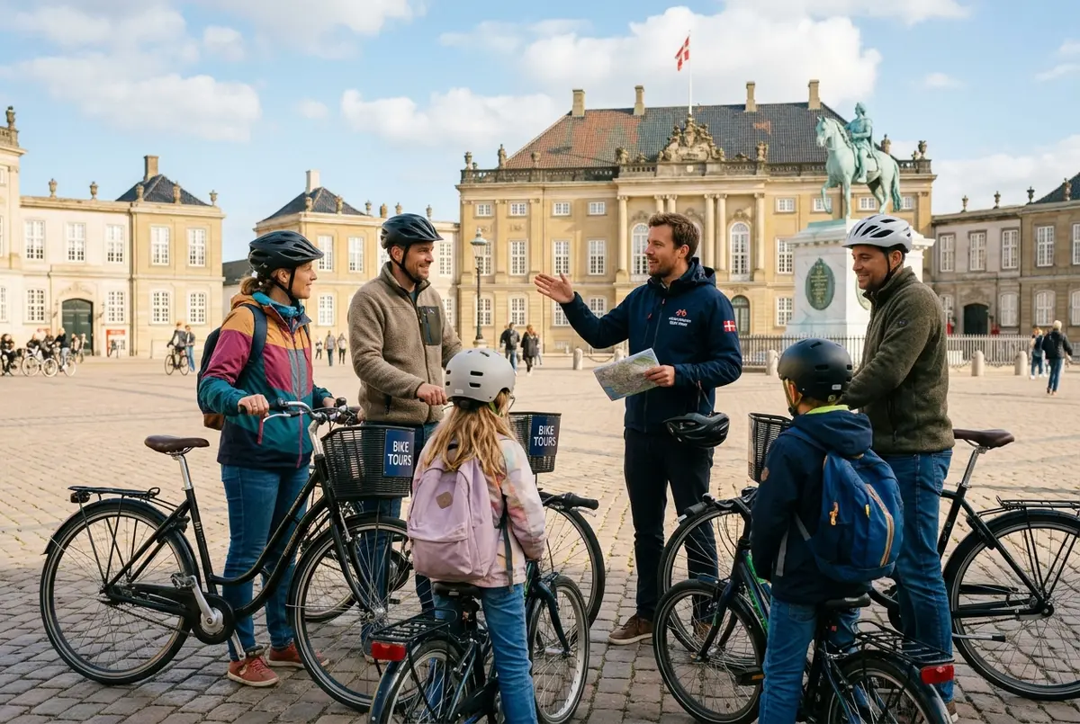 Reisende Familie hört aufmerksam einem Fahrrad-Guide zu, der an Schloss Amalienborg in Kopenhagen erklärt, entspannte Stimmung, deutschsprachige Fahrradtour durch die Stadt