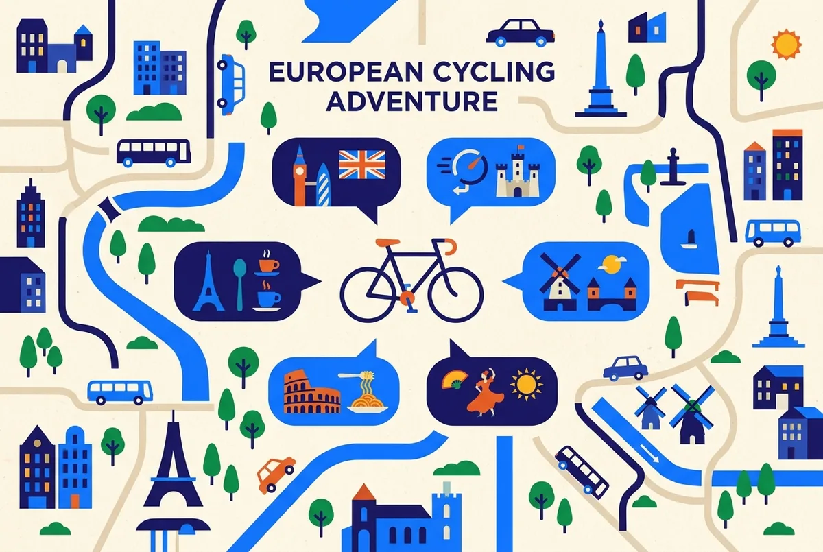 Beschriftete Infografik mit Sprechblasen-Symbolen für Englisch, Deutsch, Französisch, Niederländisch, Italienisch und Spanisch rund um ein einfaches Fahrrad-Symbol, flacher Infografik-Stil ohne Fließtext