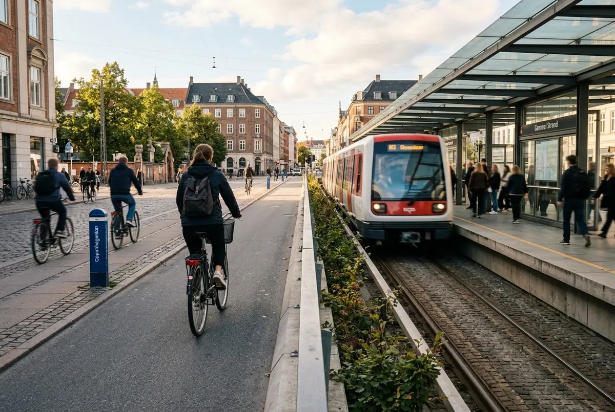Split street scene showing a cyclist in a protected copenhagen bike lane beside a metro train pulling into a station platform, illustrating getting around copenhagen