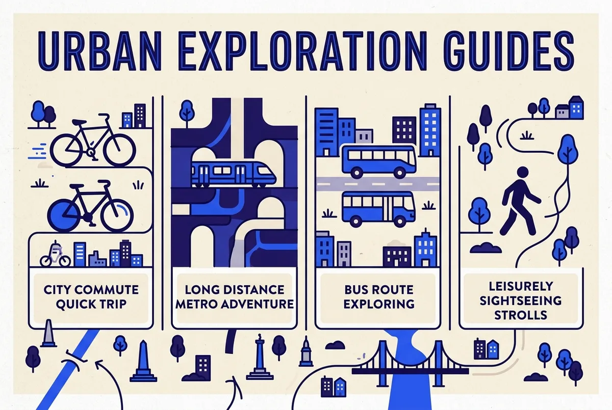 Simple icon-based infographic comparing a bicycle, a metro train, a bus and a walking figure with short labeled use cases for each, no prices or statistics shown