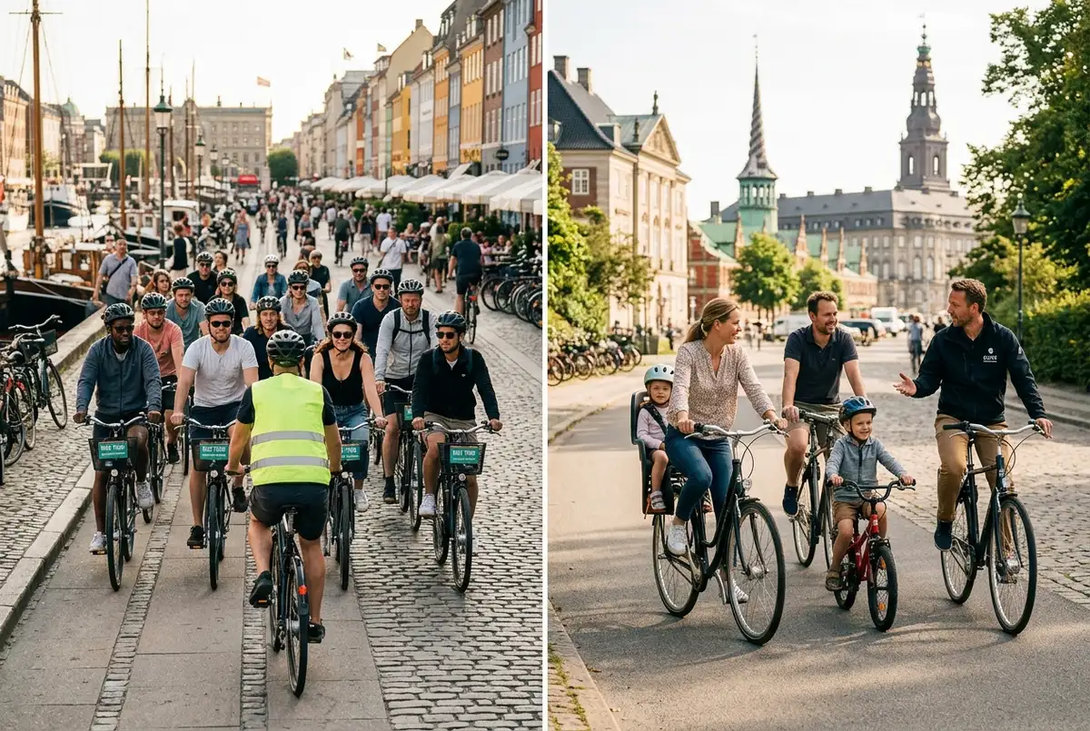 Split scene of a larger shared bike tour group riding together versus a single family group with a private guide, illustrating private bike tour copenhagen pricing