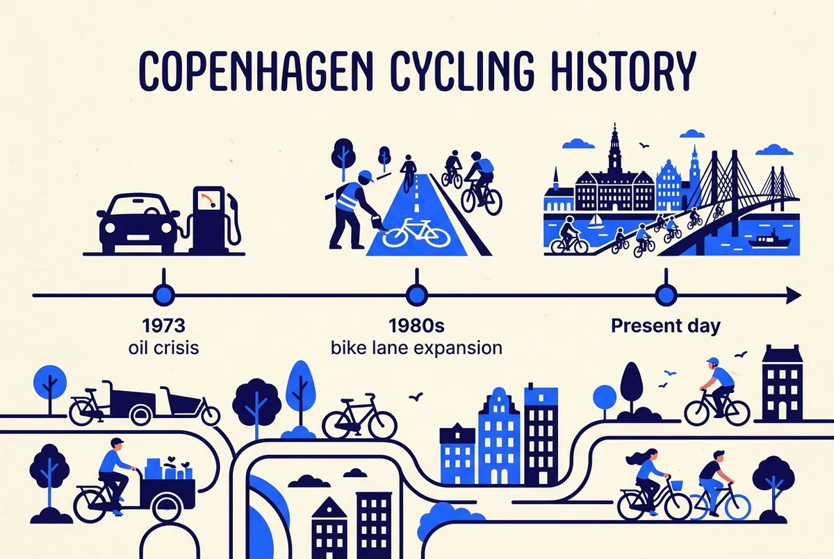 simple horizontal timeline infographic with icons marking the 1973 oil crisis, 1980s bike lane expansion and a present-day copenhagen skyline, illustrating the history of cycling in copenhagen