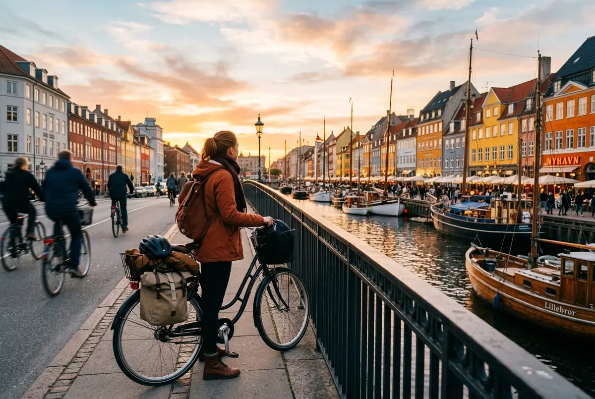 Traveler pausing on a copenhagen bike path overlooking colorful nyhavn harbor houses at sunset, weighing is copenhagen worth visiting