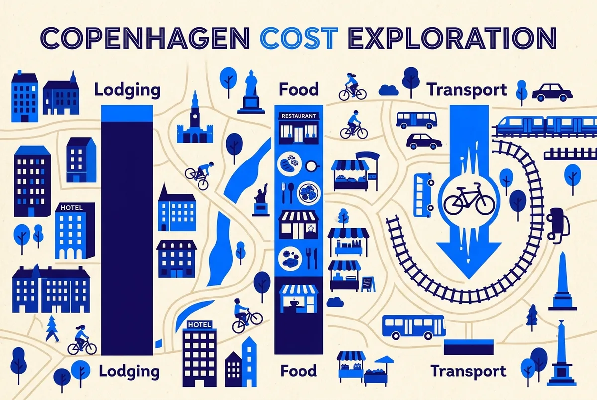 Simple infographic comparing copenhagen daily costs between food, lodging, and transport, with a bicycle icon shown reducing the transport category, illustrating is copenhagen worth visiting and expensive to visit