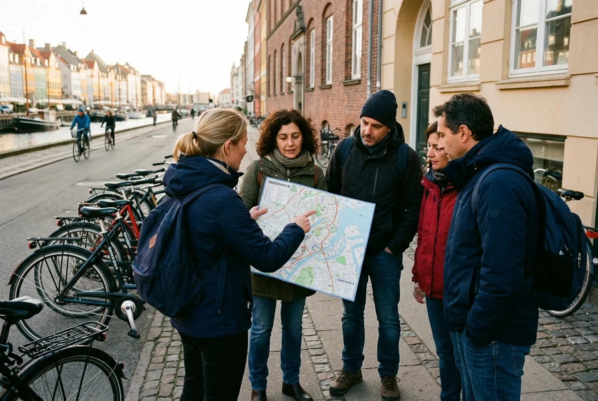 Guida che mostra una mappa a un piccolo gruppo di viaggiatori italiani prima di un tour in bici copenaghen in italiano davanti a bici a noleggio al mattino presto