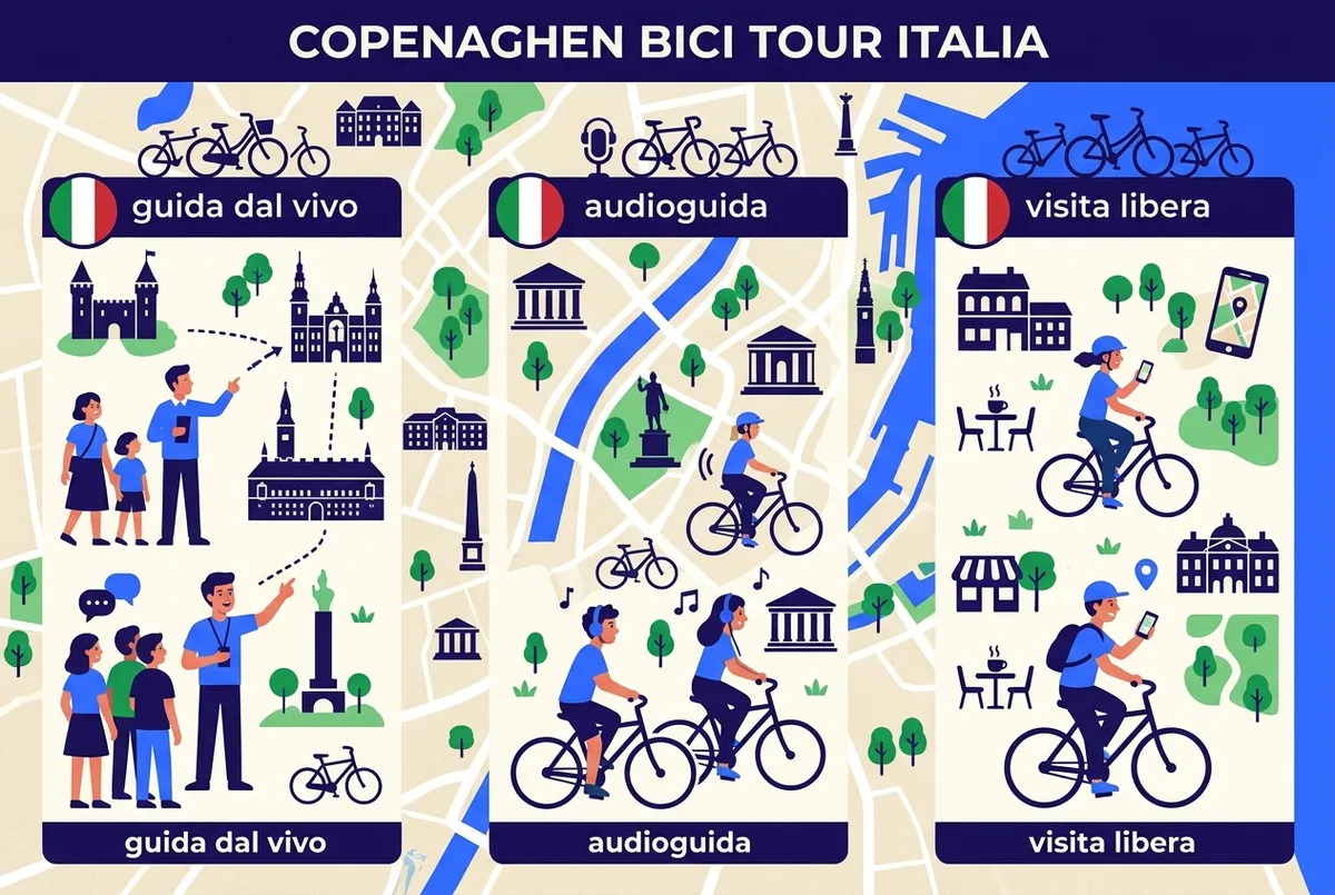 Infografia con tre icone linguistiche, guida dal vivo, audioguida e visita libera, ciascuna collegata a un'icona della bandiera italiana per confrontare le opzioni di tour in bici copenaghen in italiano