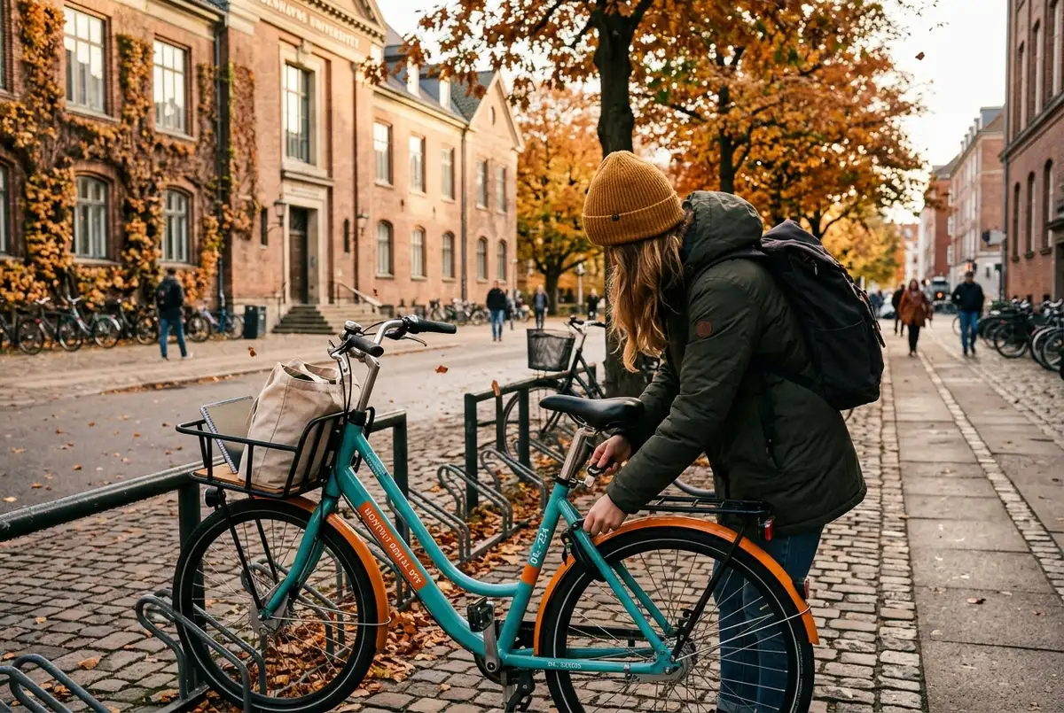 Ung professionel der tjekker sin cykel abonnement app ved en parkeret abonnementscykel foran en boligblok i København tidlig morgen