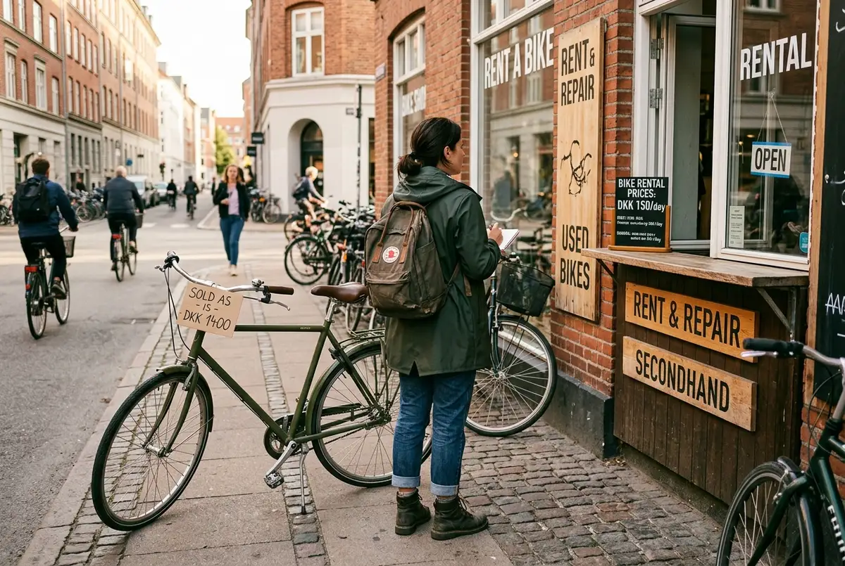 Traveler standing between a rental bike shop counter and a secondhand bike for sale on a copenhagen street, weighing rent vs buy bike copenhagen