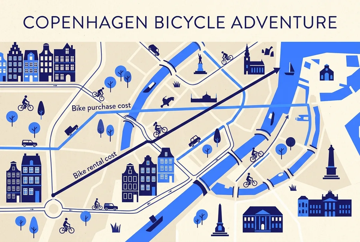 Simple infographic comparing a flat rental cost line rising steadily against a bike purchase cost that starts high then flattens, crossing at a break even point, over a stylized copenhagen street backdrop
