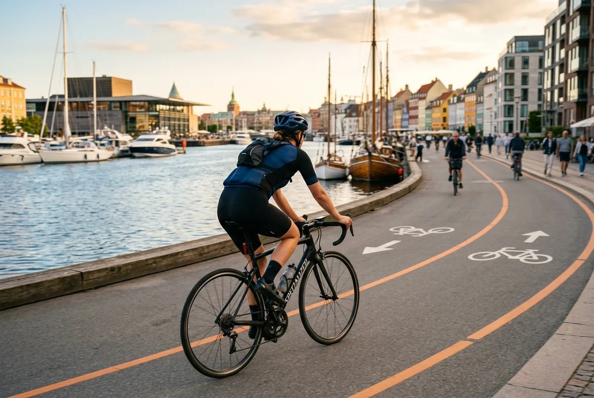 Cyclist in fitted gear riding a road bike copenhagen style on a smooth paved bike lane beside the harbor