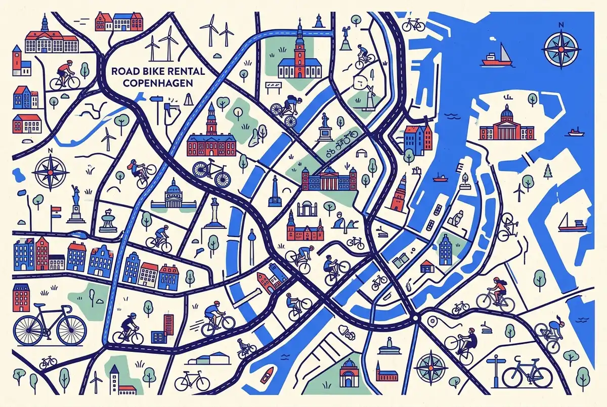 illustrated map of Copenhagen highlights for Road, Race & Fixie Bike Rental in Copenhagen for Serious Cyclists, road bike rental copenhagen