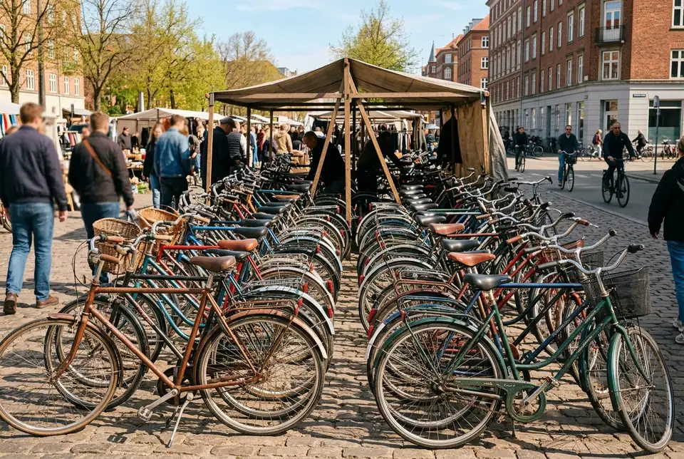 Køber der undersøger en brugt cykel med stelnummer og bremser tjekket på et loppemarked i København en lørdag formiddag