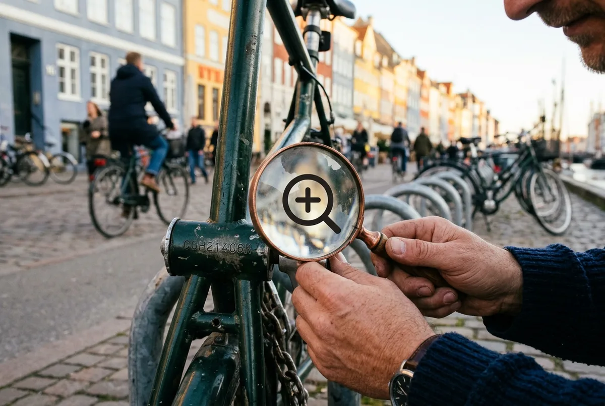 Flat illustration of a bicycle serial number stamped on a frame being checked with a magnifying glass icon
