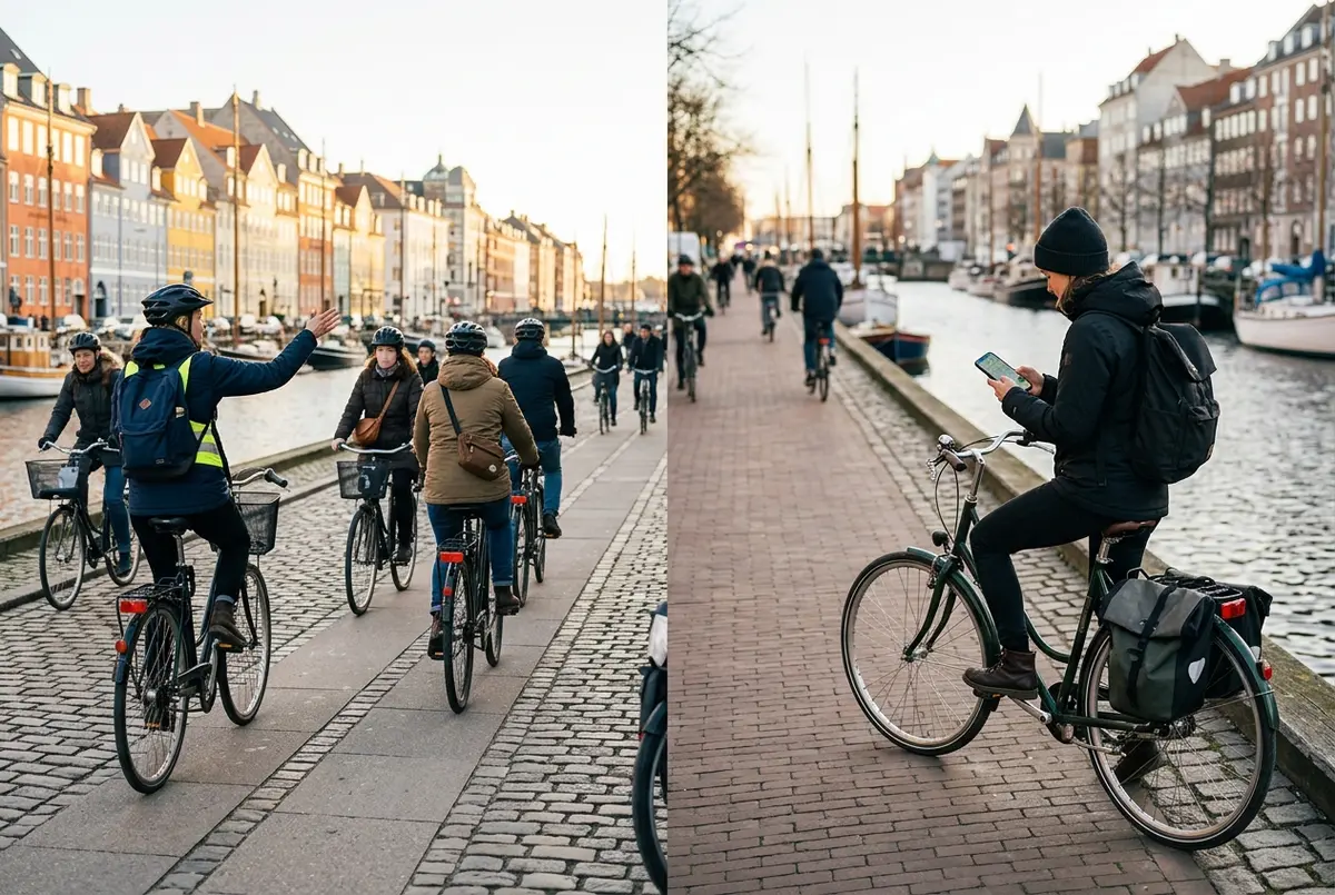 Side by side scene of a small guided bike tour group following a local guide and a solo cyclist checking a phone map alone, illustrating self guided bike tour copenhagen versus guided