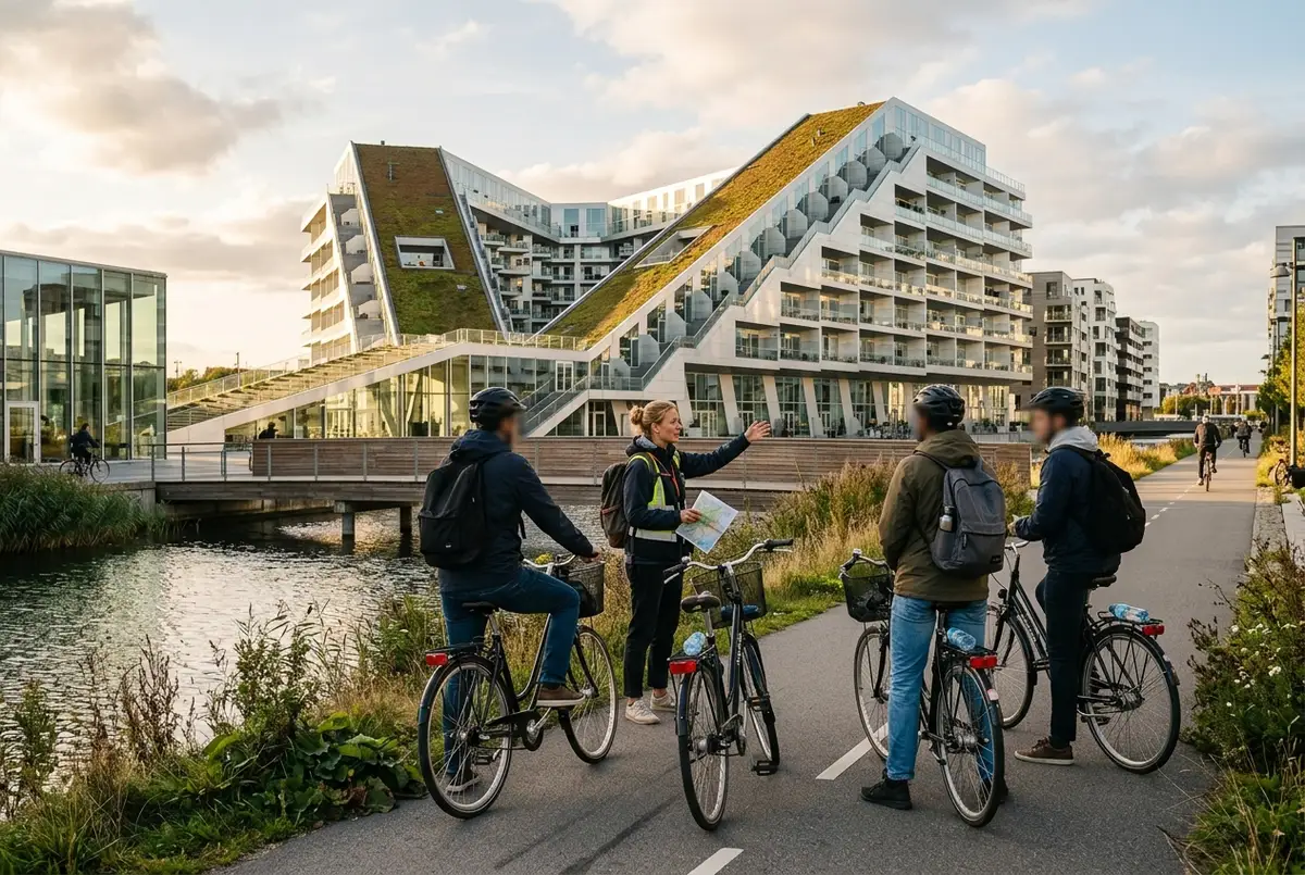Guide zeigt einer kleinen Gruppe moderne Architektur in Ørestad während einer Fahrradtour Kopenhagen Architektur, warmes Nachmittagslicht, lässige Reisestimmung