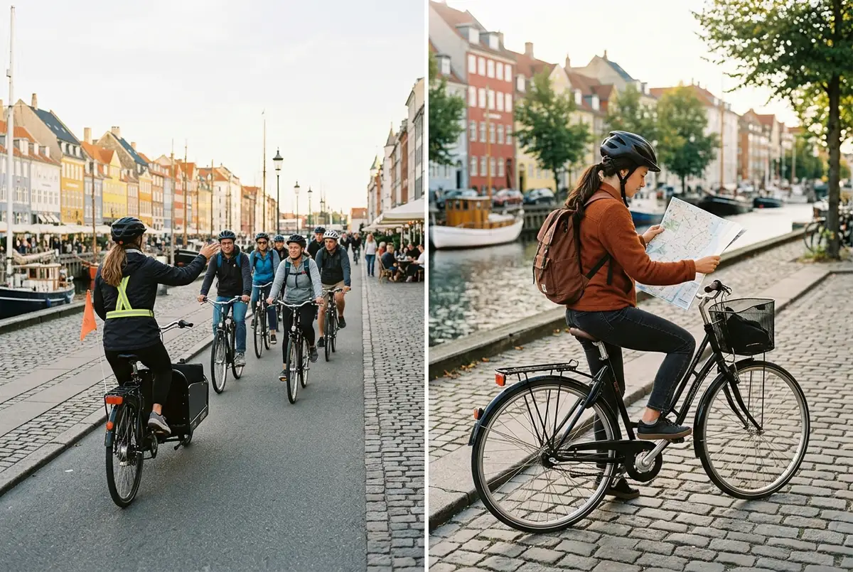 Petit groupe de visiteurs souriants à vélo suivant un guide local lors d'un circuit velo copenhague dans une rue pavée du centre historique