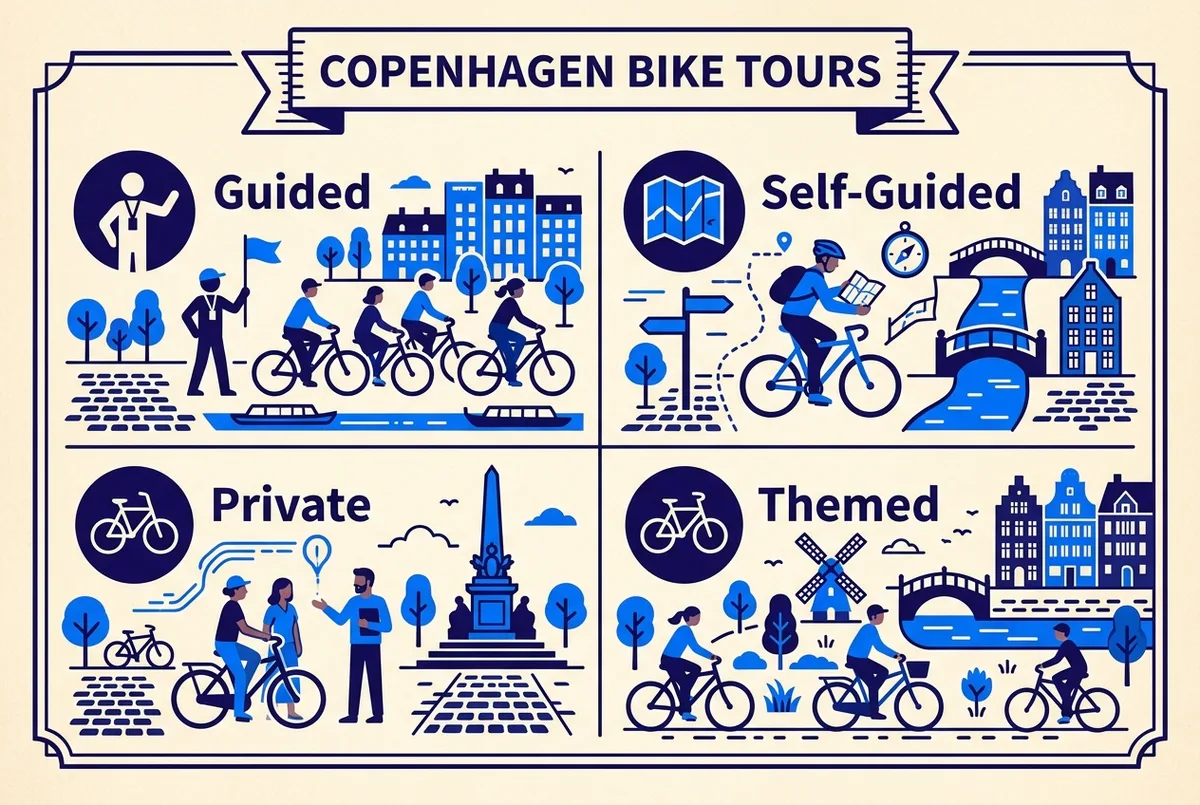 Simple infographic-style grid comparing guided, self-guided, private and themed bike tour categories in copenhagen with icon labels for each type, no prices shown