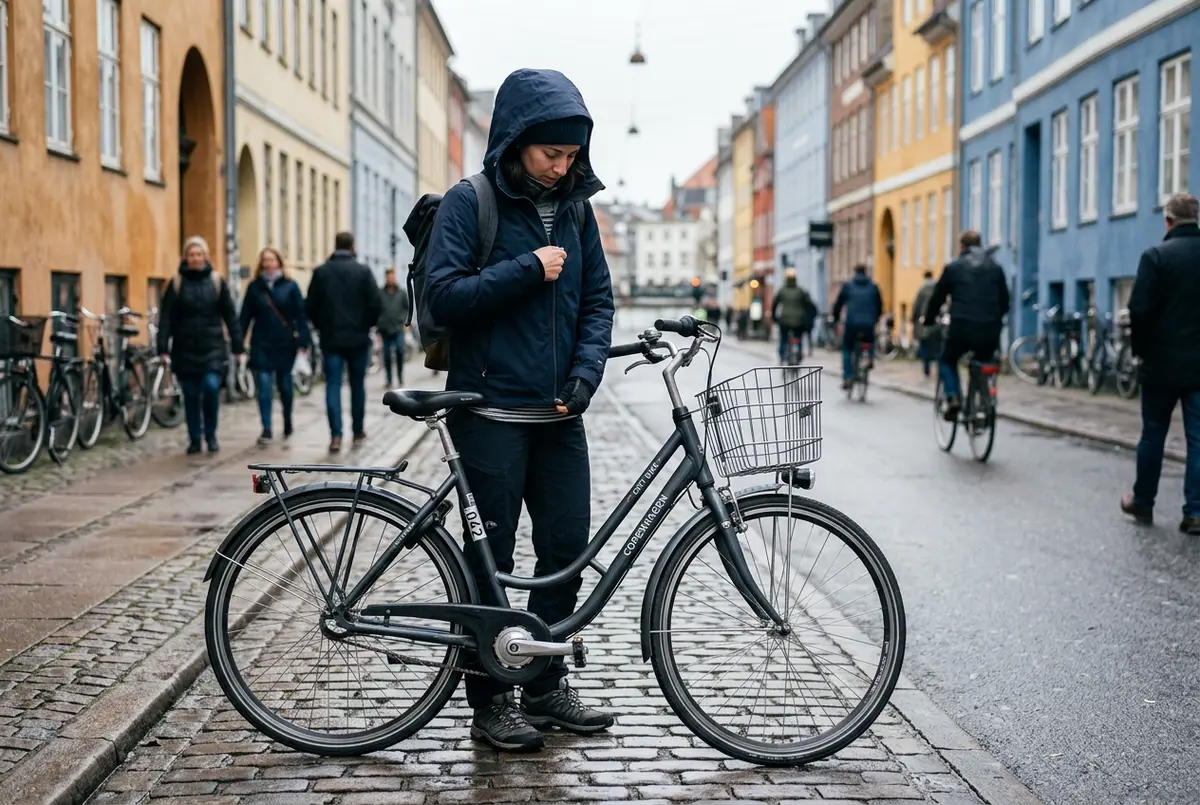 Traveler zipping up a light rain jacket over layered clothing while standing beside a rental bike on an overcast copenhagen street, illustrating what to wear on a bike tour copenhagen