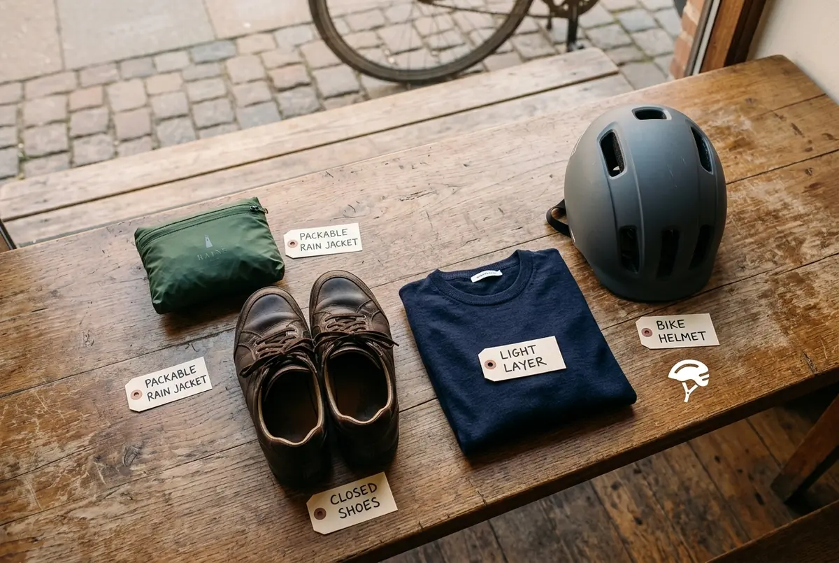 Simple flat-lay style graphic showing a packable rain jacket, closed shoes and a light layer arranged beside a bike helmet icon, labeled items only, no text beyond labels