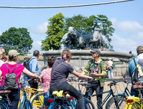 Groep die langs kleurrijke grachtenhuizen fietst op de fietstour Kopenhagen hoogtepunten