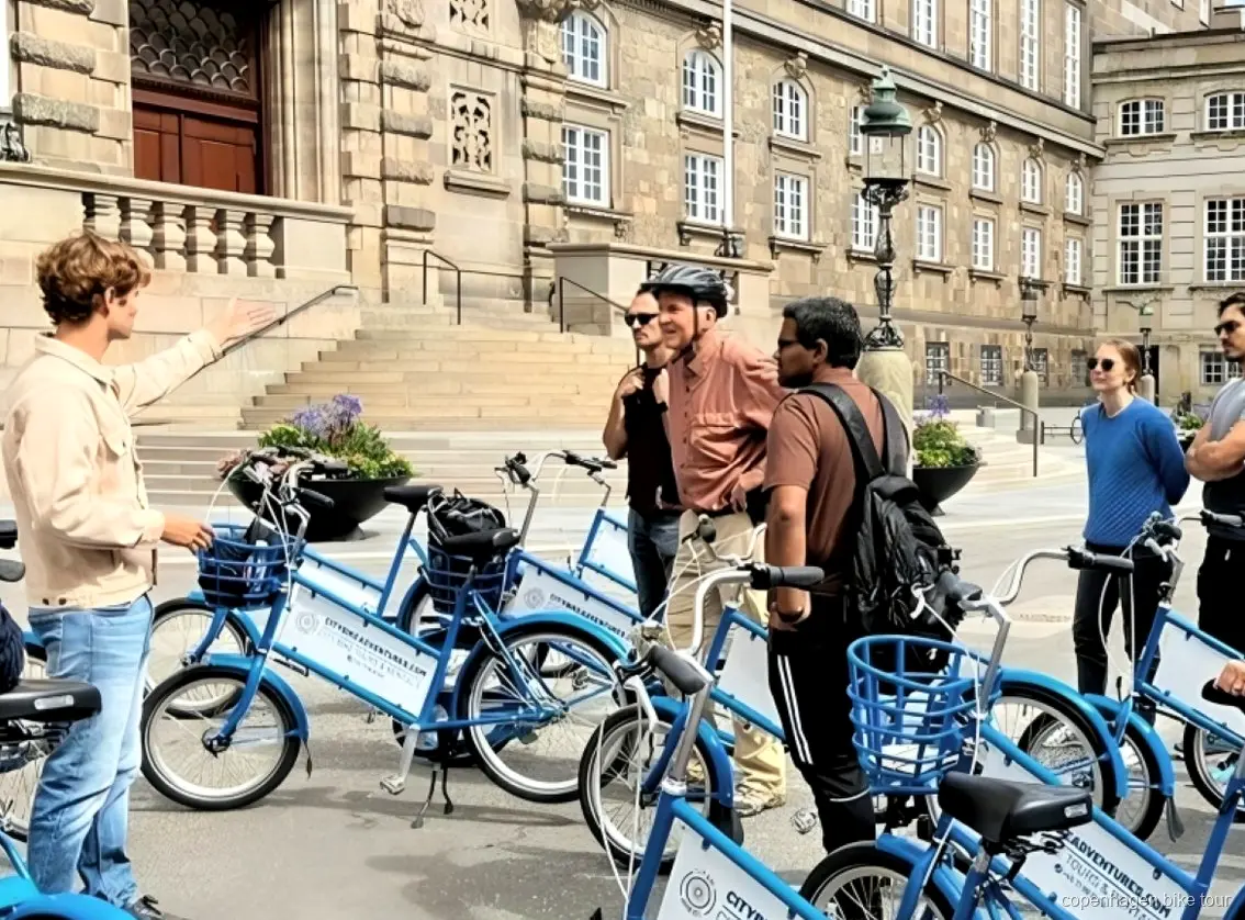 Ciclistas pasando por el Palacio de Amalienborg durante un tour en bici rápido por Copenhague