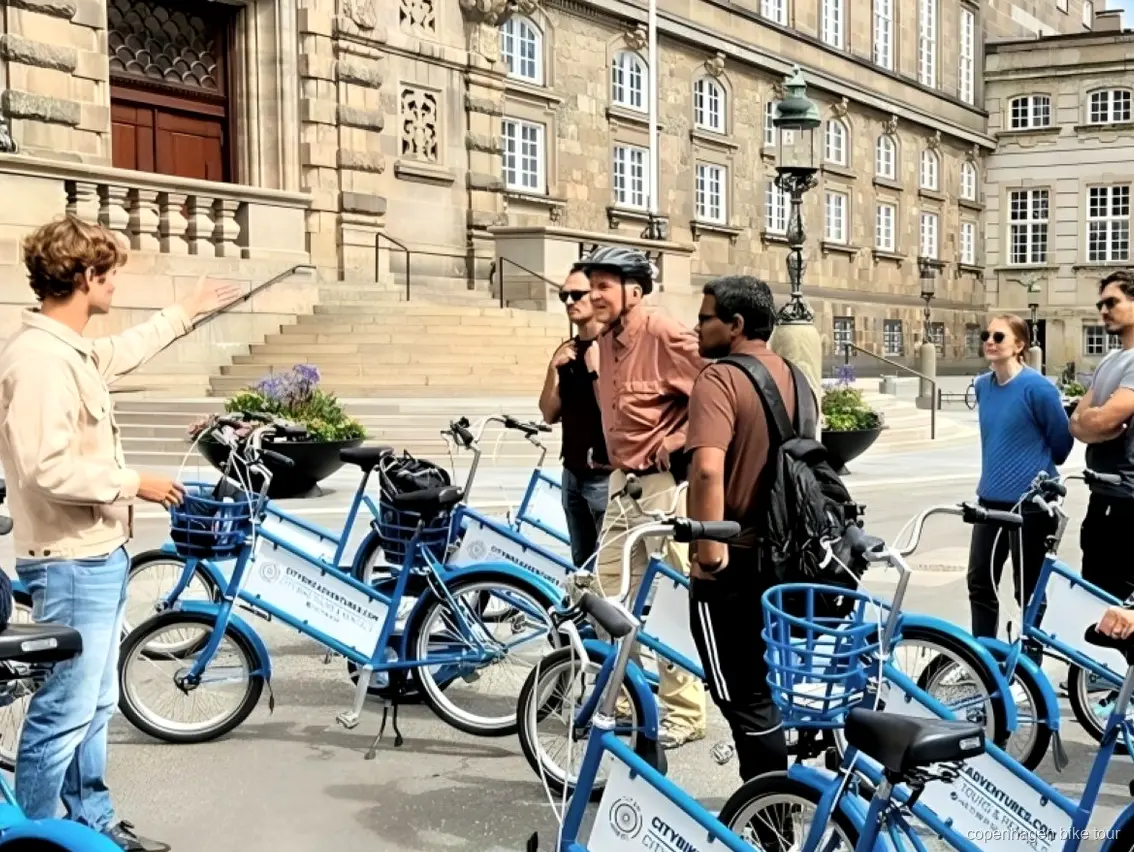 Ciclisti che passano davanti al palazzo di Amalienborg durante un rapido tour in bici a Copenaghen