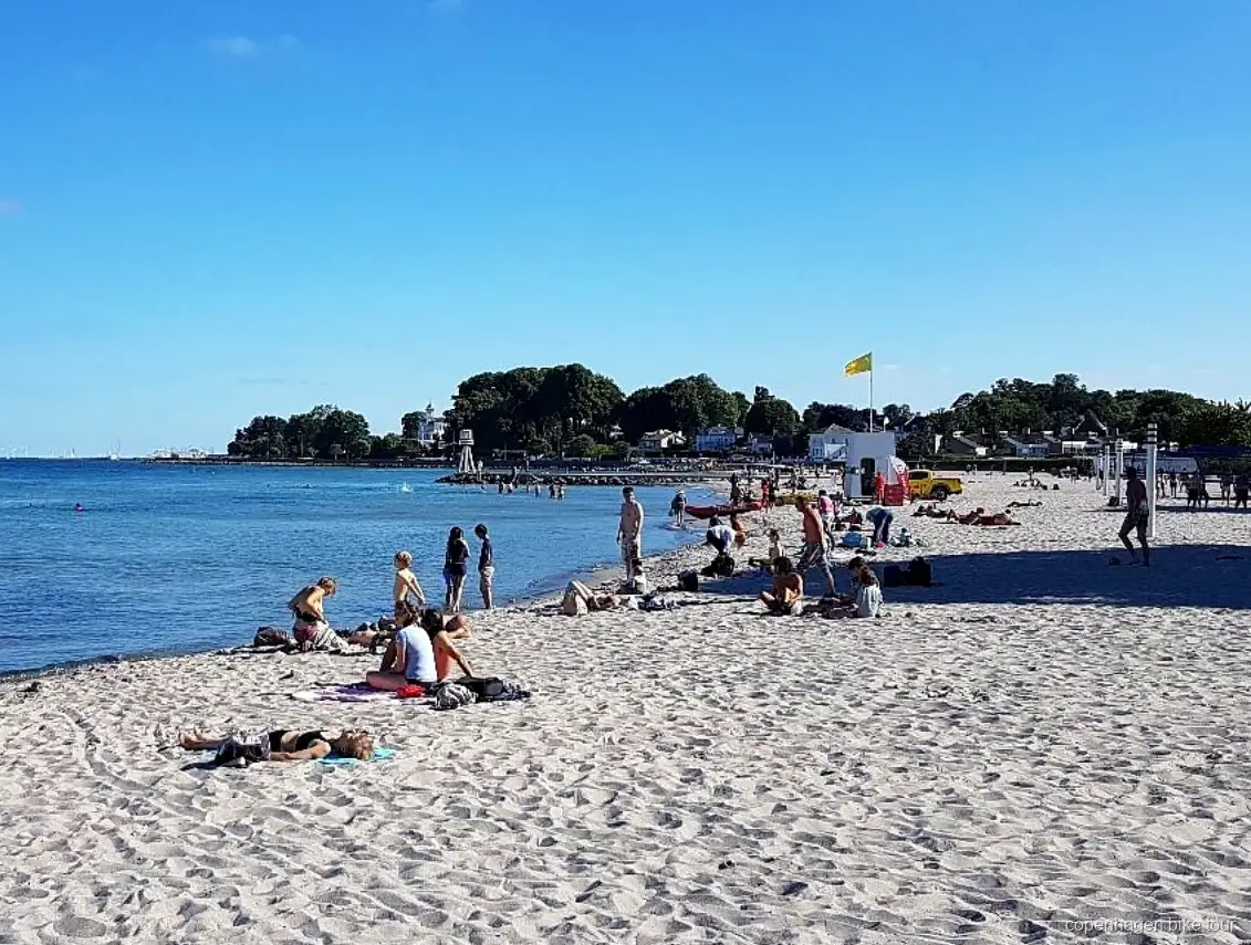 Ciclisti vicino alla spiaggia di Bellevue durante un tour in bici al parco dei cervi a Copenaghen
